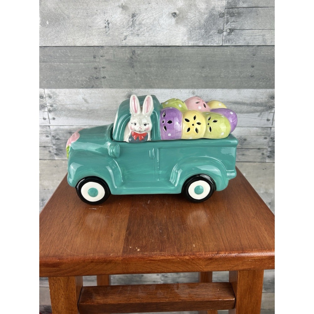 MR. COTTONTAIL LIT CERAMIC EASTER BUNNY DELIVERING EGGS TRUCK COOKIE JAR